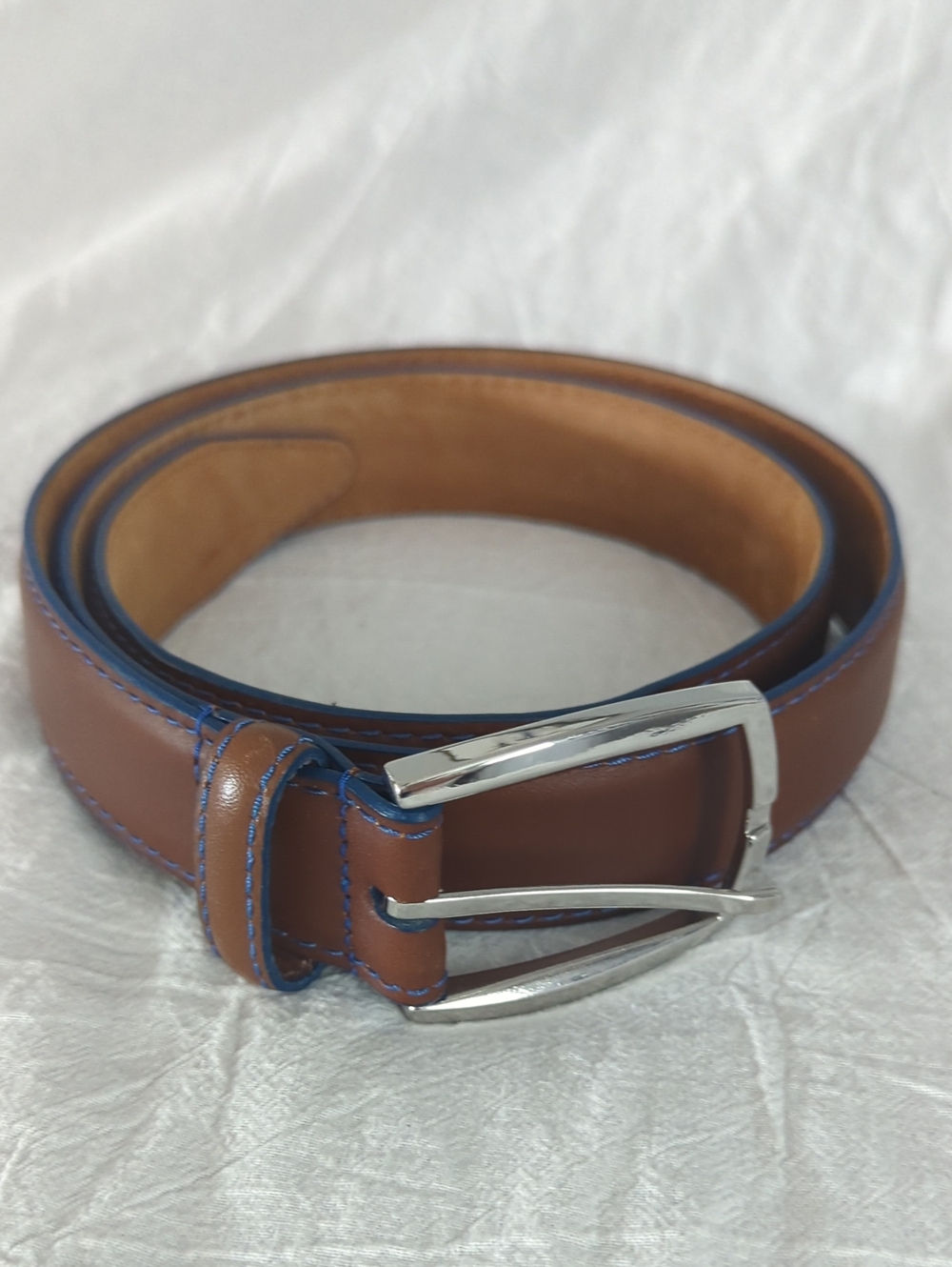 LEJON Executive Aniline Glove Leather Belt 38 Made in USA Cognac Blue Edge